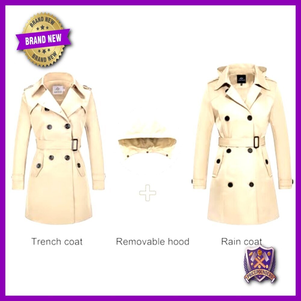 Waterproof Trench Coat Double Breasted Classic Belted Lapel Removable Hood - Picture 3 of 7